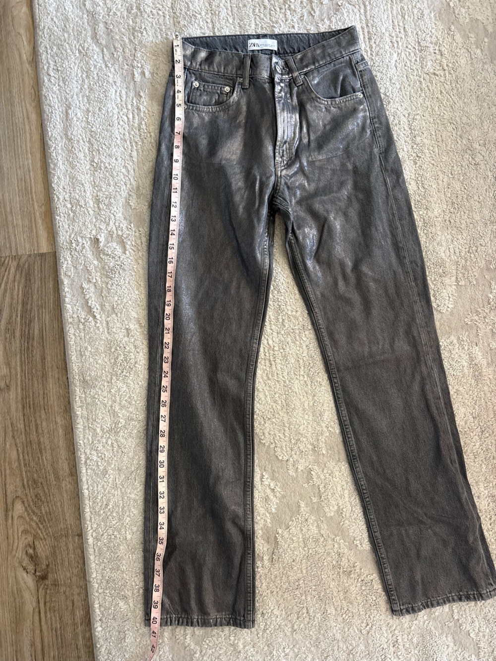 Zara Metallic Coated Straight Leg Jeans - Dark Silver / Gunmetal Grey Size 2 - Picture 5 of 6